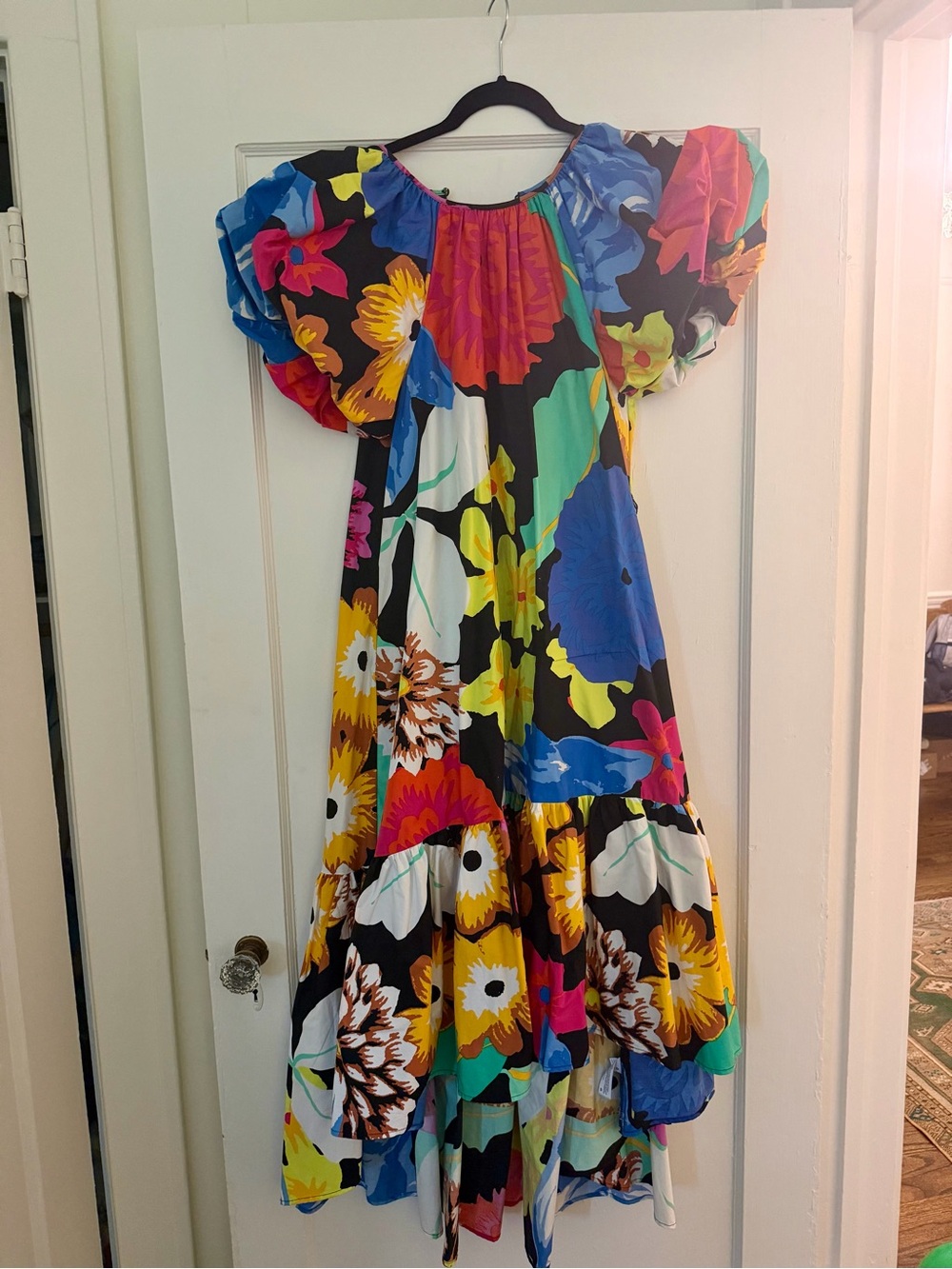 Womens Floral Puff-Sleeve Midi Dress - Multicolor